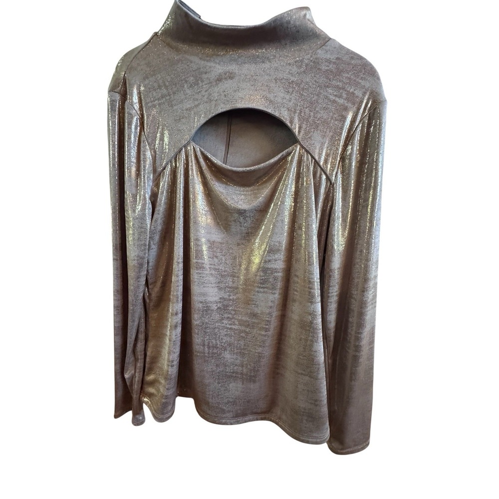 Boston Proper Gold Keyhole Mock Neck Metallic Top Women's Size L Party Holiday